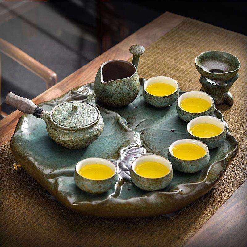 热销茶具套装整套粗陶春绿锤纹侧把壶古风仿古带茶盘陶瓷中式新款