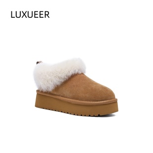 明星同款 luxueer秋季 女士舒適厚底一腳蹬休閑樂福鞋 毛毛鞋 雪地靴