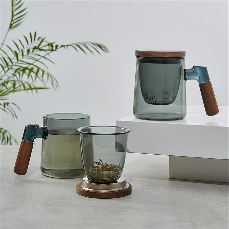 平仄木柄玻璃泡茶杯o茶水分离耐热加厚高硼硅玻璃 420mL