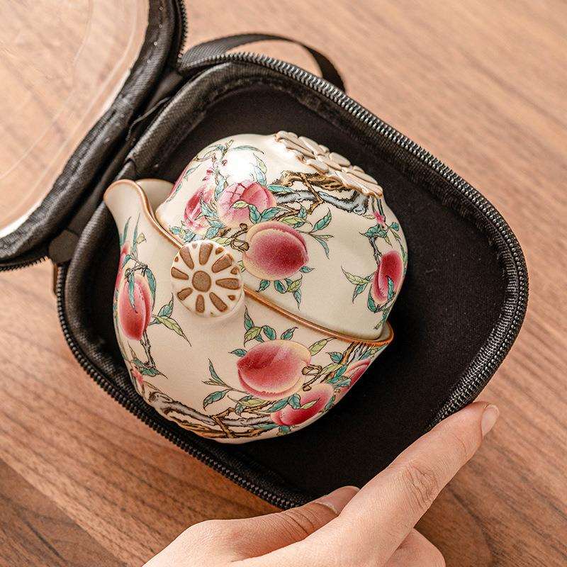 汝窑粉彩九桃旅行茶具套装便携式户外功夫陶瓷茶壶茶杯中式快客杯