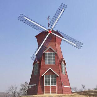 户外复古钢木结构旋转风车 景点打卡商业美陈摆件 防腐木景观工程