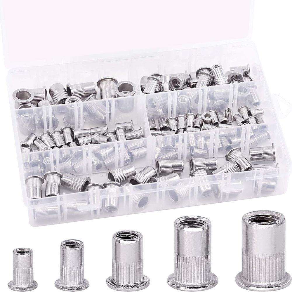 跨境130PCS盒装5种尺寸/英制 304不锈钢铆钉螺纹平头拉铆螺母