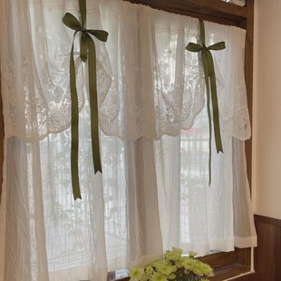法式田园风绿色免打孔p美式蕾丝提拉窗帘升降纱帘白纱隔断半帘门