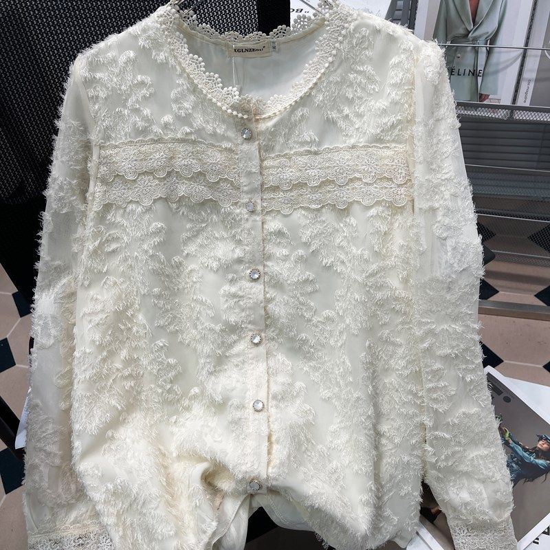 胡子叔大码胖mm春秋设计感小众蕾丝打底衬衫女超仙宽松遮肚衬衣潮