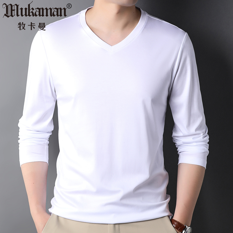 男士丝光棉t恤长袖V领小白t纯白色液氨棉体恤无领全棉打底衫