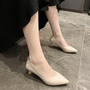 学生礼仪小皮鞋 女低跟3cm百搭米色工作职业单鞋 细跟ol 高跟鞋 法式