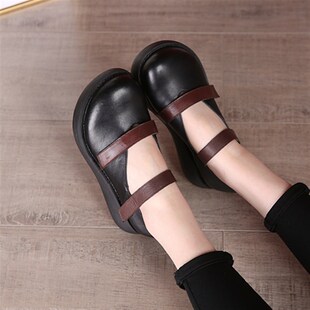 松糕鞋 圆头春新款 妈妈鞋 浅口单鞋 软底 手工皮鞋 682厚底单鞋