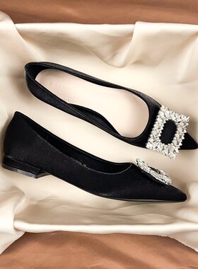法式气质水钻黑色尖头平底鞋女2025年新款春P季浅口软底单鞋一脚