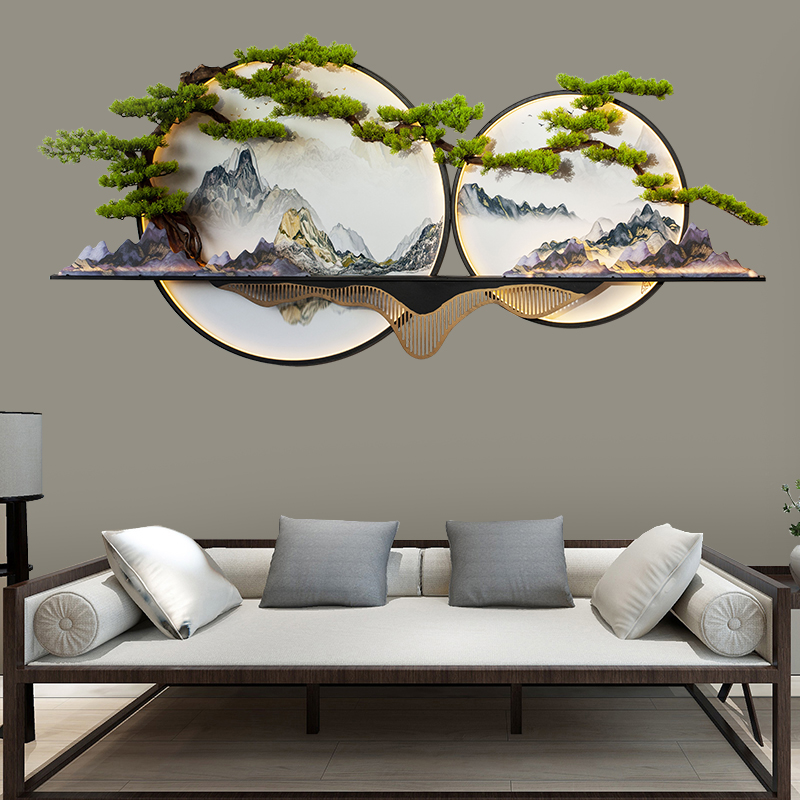 新中式挂画客厅茶室玄关背景墙上装饰画立体迎客松带灯铁艺壁饰图片