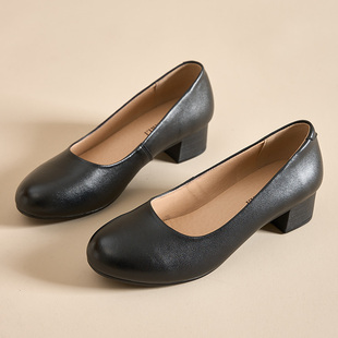 浅口圆头单鞋 软底软面半高跟平底工作鞋 女黑色通勤上班女士皮鞋