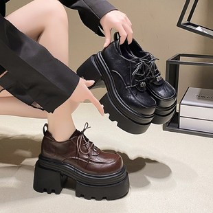 单鞋 炸街高跟鞋 女英伦风2024秋冬新款 时尚 加绒厚底粗跟小皮鞋 爆款