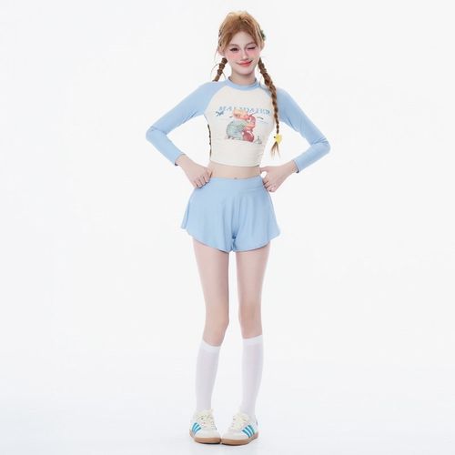 纯欲可爱少女泳衣长袖分体裙式三角保守显瘦遮肉温泉2024新款温泉