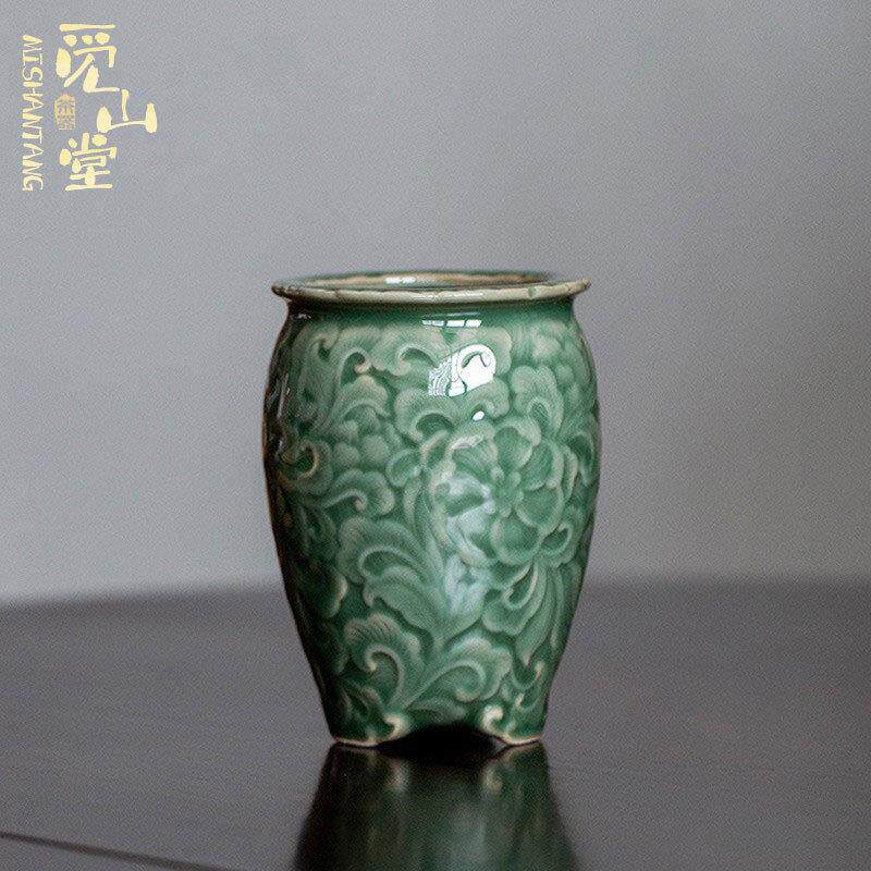 梅子青浮雕花瓶青瓷茶道瓶六君子套装陶瓷中式复古单茶筒茶具零配