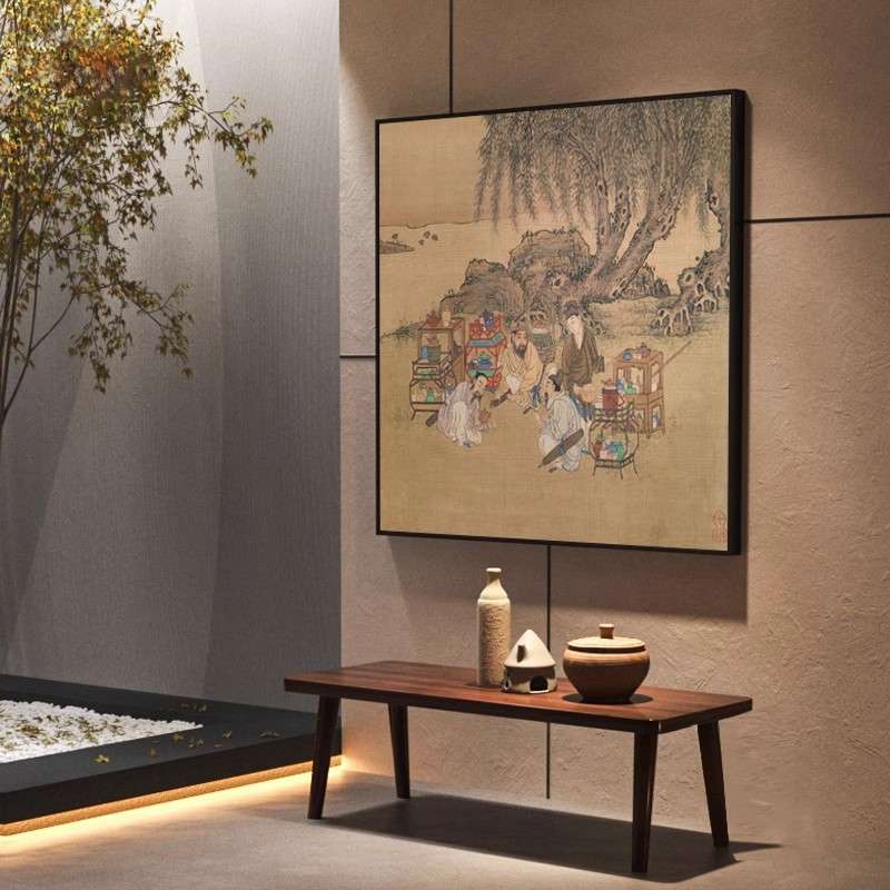 古代斗茶柳荫品茶图墙布茶室复古风壁画喝茶古画墙纸直播酒店背景