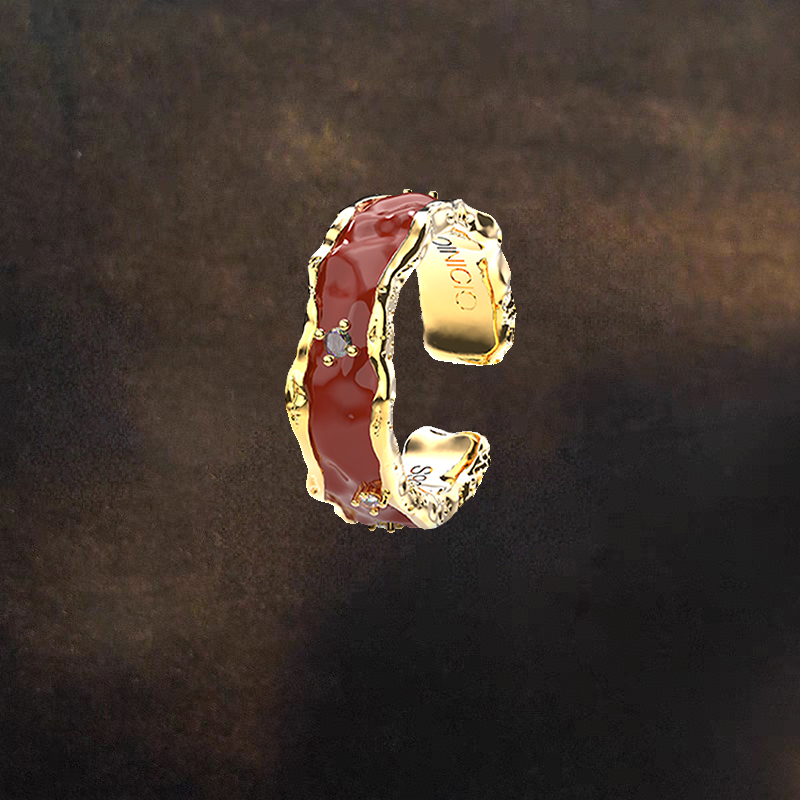 [papi酱同款]OkINICIO初印沉积系列925银暗红滴胶金戒指女情侣对