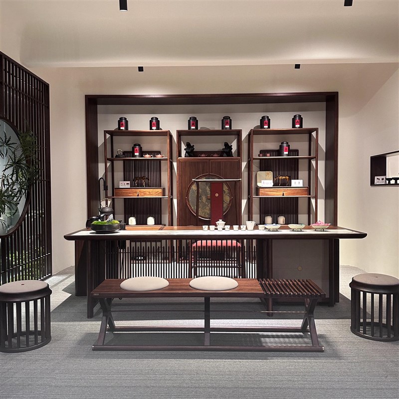 新中式茶桌宋氏美学实木茶台黑胡桃木岩板泡茶P桌简约现代办公茶