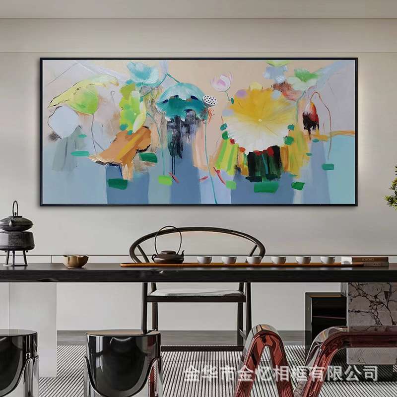 纯手绘新中式禅意装饰画客厅横幅大尺寸油画 荷叶荷花抽象挂画图片