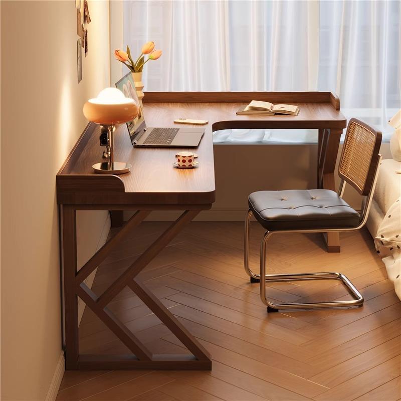 实木双人电脑桌带挡板靠墙l型拐角桌家用儿童学习桌卧室转角书桌