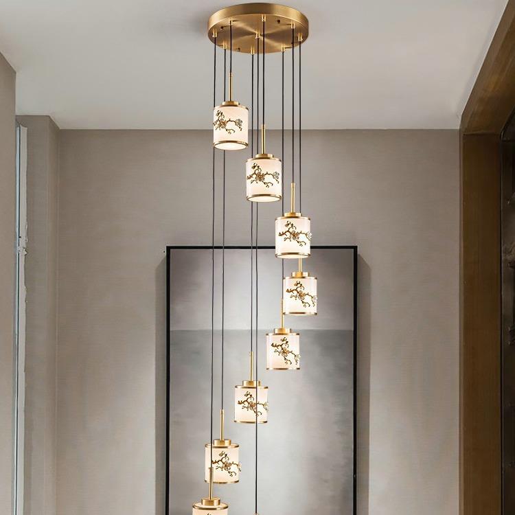 明镜致远 全铜新中式楼梯长吊灯 别墅复式楼中楼设计师创意样板房