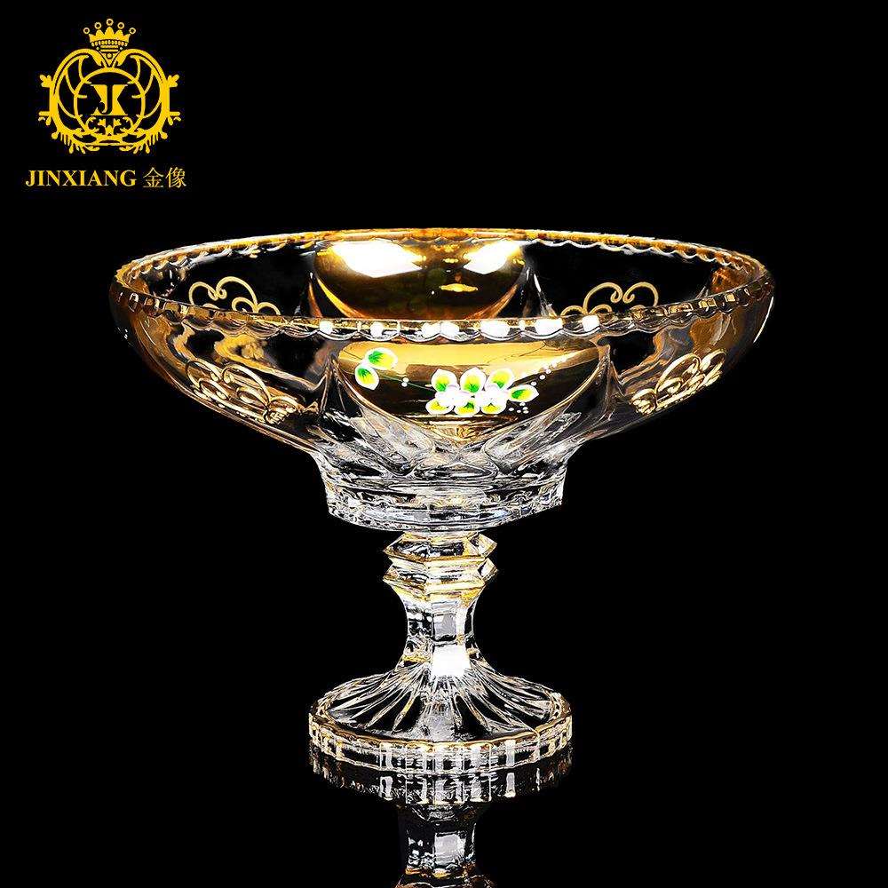 金像 欧式创意玻璃高脚盘水果盘客厅轻奢家居摆件果盘果斗
