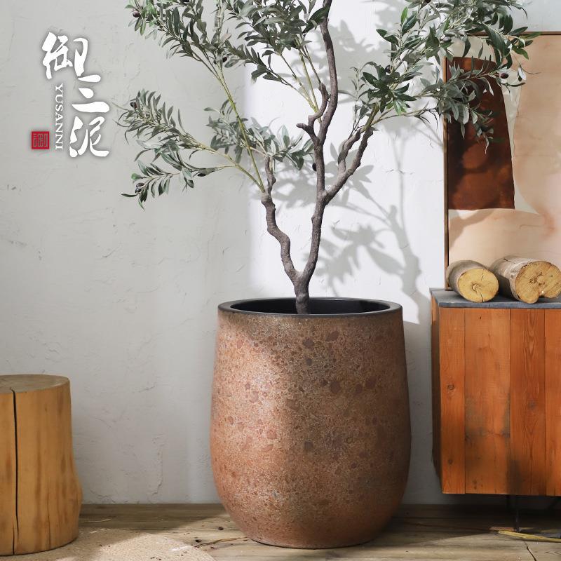 御三泥粗陶现代北欧花盆复古红陶釉色大号花瓶绿植种植盆装饰摆件