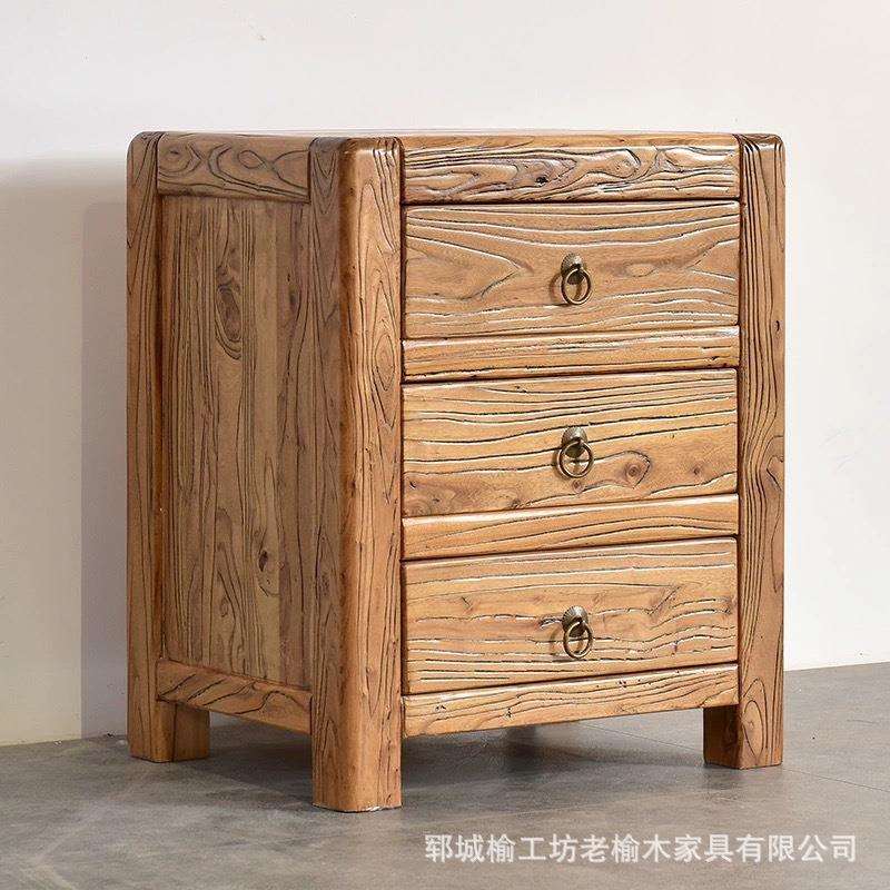 做旧老榆木床头柜卧室边柜三层抽屉式收纳柜榆木家具储物柜