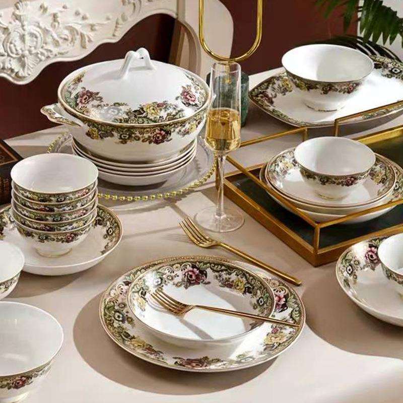 红玫瑰骨瓷陶瓷餐具套装家用碗盘欧式餐盘盘子宫廷组合