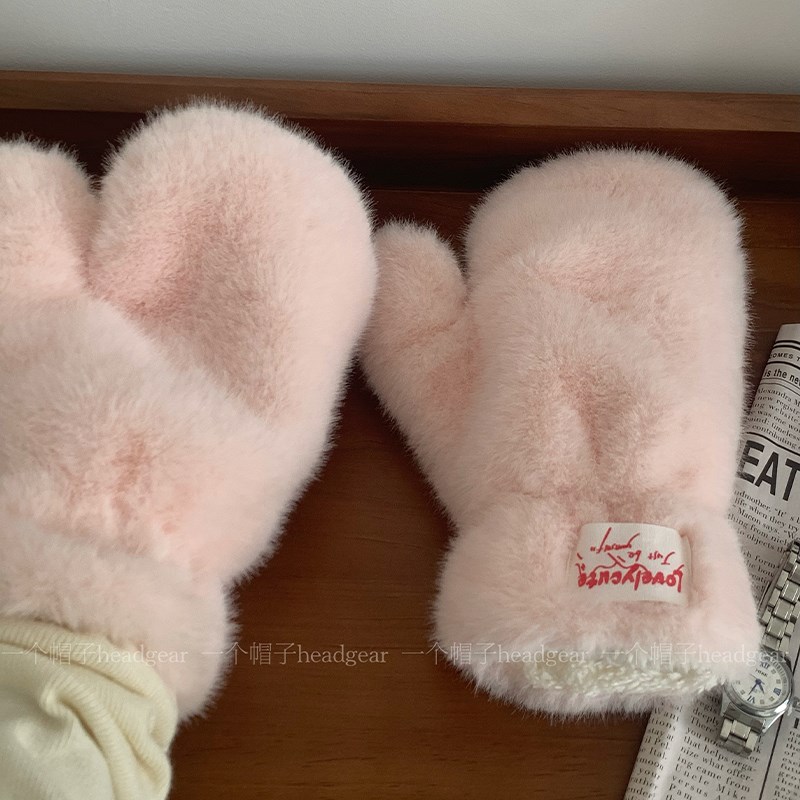 定制款~毛绒连指手套女冬季学生保暖加绒加厚毛茸茸秋冬天防寒冻