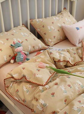 A类双层纱婴儿级黄色小兔田园韩式简约全棉纯棉单双人床上四件套3