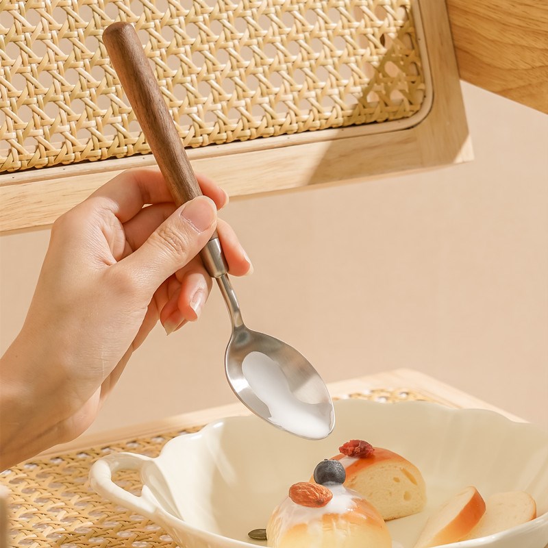 木柄勺子叉子组合汤勺高级感304不锈钢儿童吃饭勺餐叉子调羹汤匙