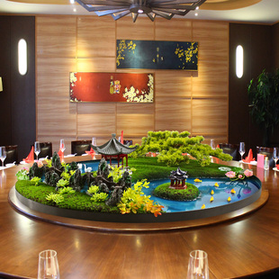 酒店大圆桌中间摆件餐桌转盘摆花装饰造景微景观假花包间圆桌摆放