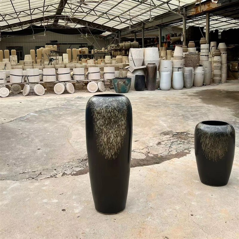 现代简约黑色酒店大堂落地陶瓷花瓶摆件干支陶罐插花器别墅样板房