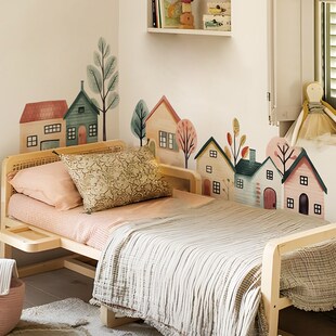 丹麦ins水彩风手绘房屋布纹墙纸儿童房卡通壁画墙面装饰自粘墙贴