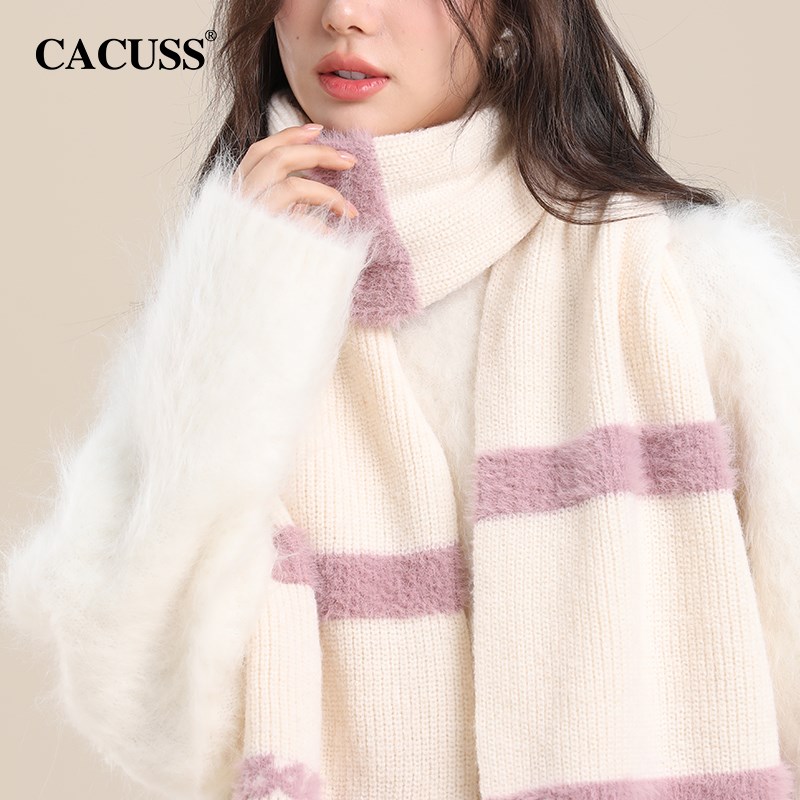 Cacuss秋冬女士围巾马海毛拼接条纹韩版撞色围脖保暖百搭时尚软糯