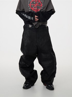 ASTT 24FW 暗黑风刷蜡涂层机车盔甲褶皱宽松阔腿拖地牛仔长裤潮