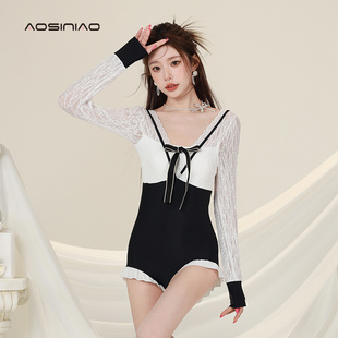 游泳 保守显瘦M遮肚微胖女孩长袖 泳衣女夏季 连体高级感2024年新款