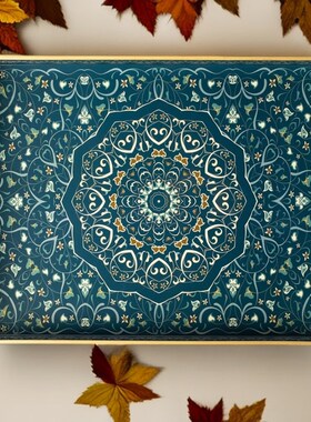 装饰托盘圆形PP塑料带把手咖y啡桌收纳摆件绿色摩洛哥风花纸茶几