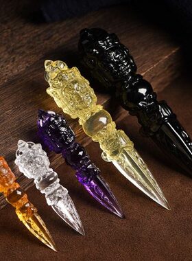 白水晶 黄水晶 紫水晶 茶水晶 普巴杵三面金刚降魔杵吊坠原矿精