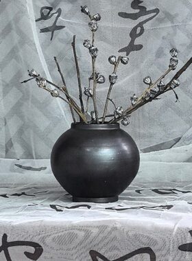 陶瓷花瓶高级感小口径中式花器中古插花器皿水培黑色复古茶桌摆件