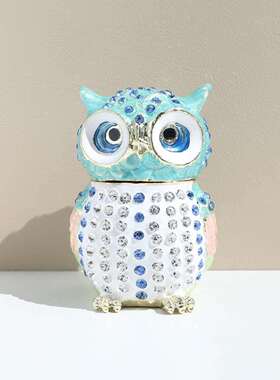 蓝色镶钻猫头鹰摆件合金首饰盒现代简约办公室客厅装饰品工艺品