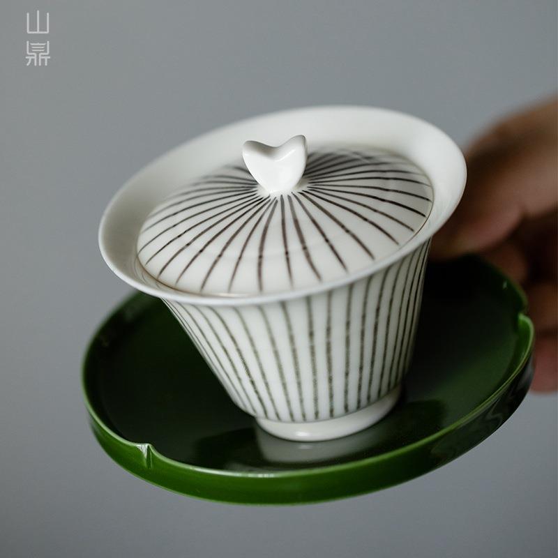 山鼎手绘竖纹三才盖碗家用创意茶碗家用单个泡茶杯功夫陶瓷茶碗具