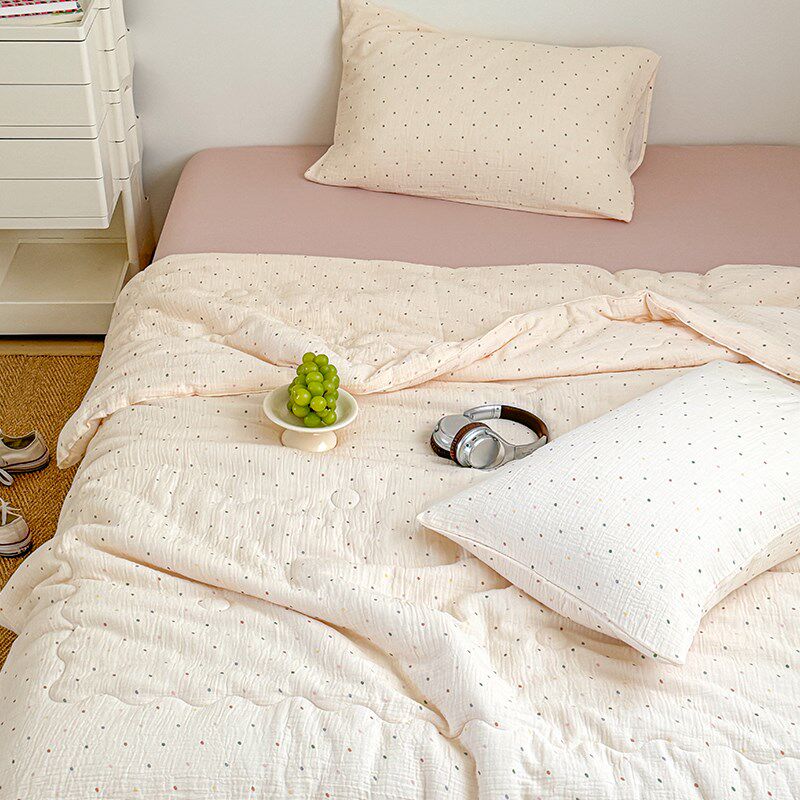 在耳边ins波点全棉双层皱皱纱夏凉F被简约夏季可水洗薄被子空调被