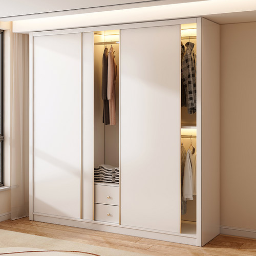 定制拉门移门衣柜家用卧室网红奶D油风实木多层板组装收纳大衣橱