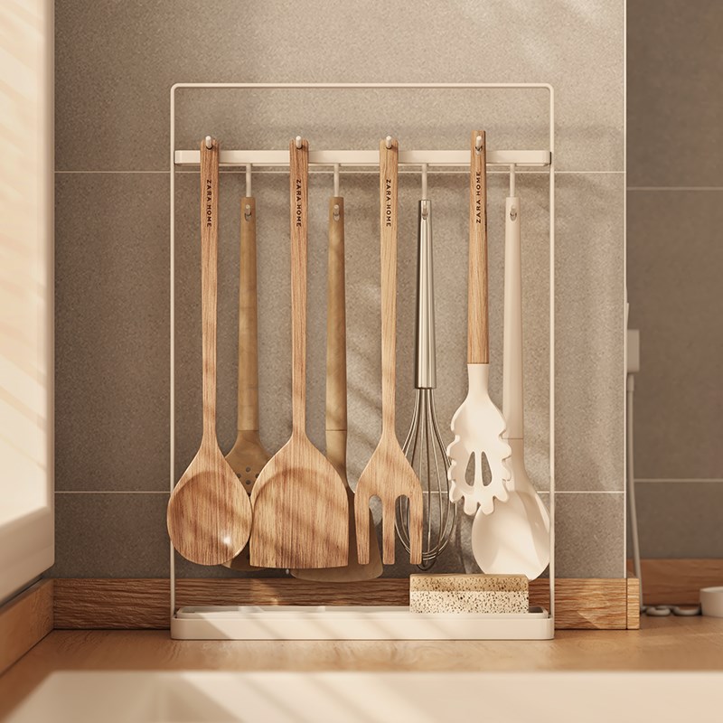 厨房挂勺子铲子抹布置物架台面带沥水厨具套装铲勺收纳架子锅铲架