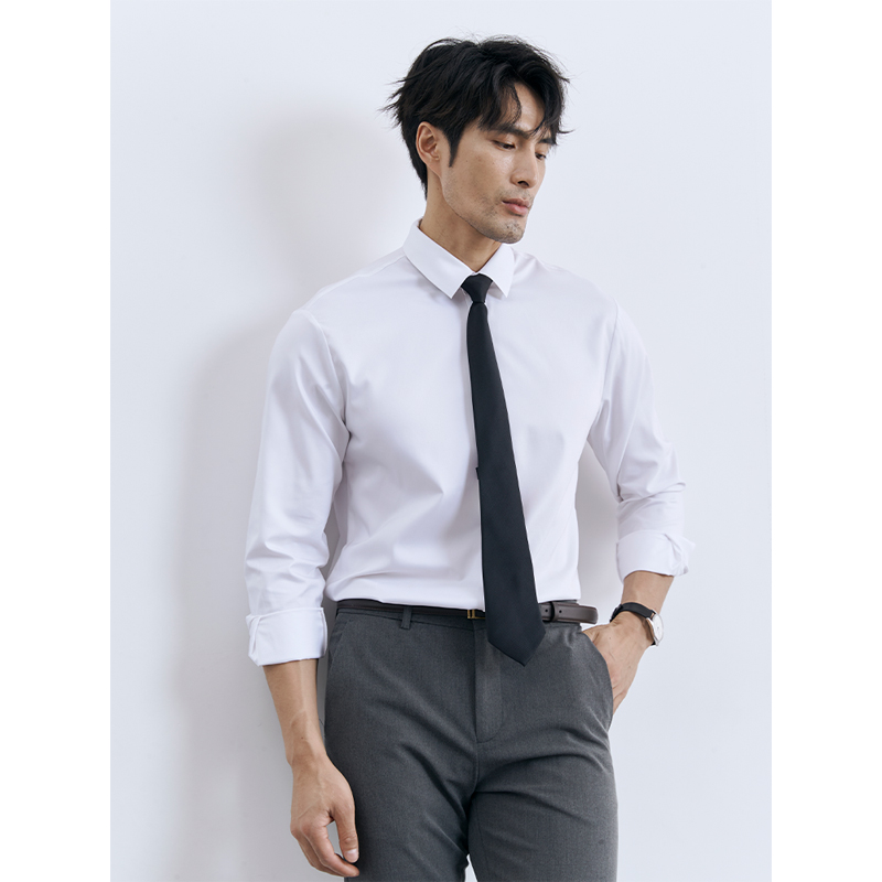 韩版高级感商务型男正装内搭免熨烫黑色衬衫职业通勤抗皱白色衬衫