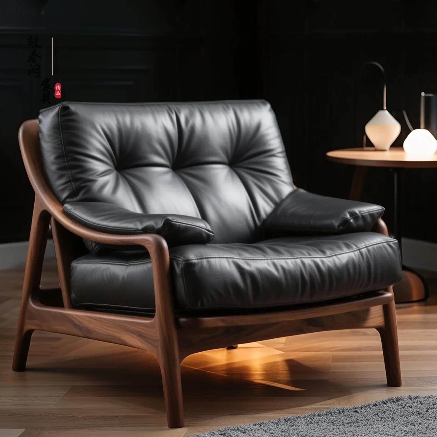 意式极简沙发椅子实木单人休闲洽谈客厅黑胡桃木真皮轻奢高级感