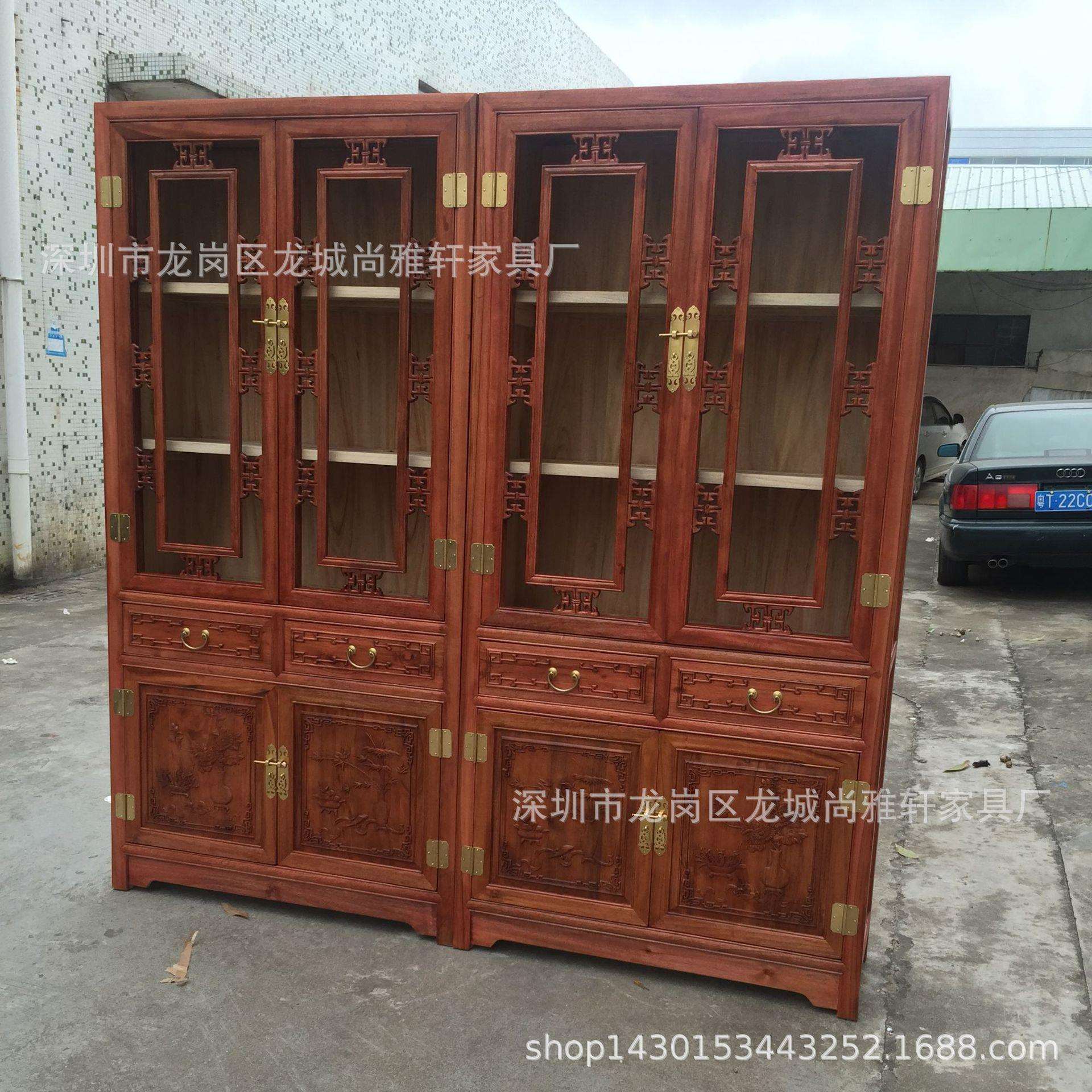 现代中式家具香樟木雕花书柜实木仿古玻璃文件柜多功能花梨色整装