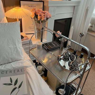 中古风小推车网红ns透明玻璃置物边几可折叠移动玻璃推车酒水餐车