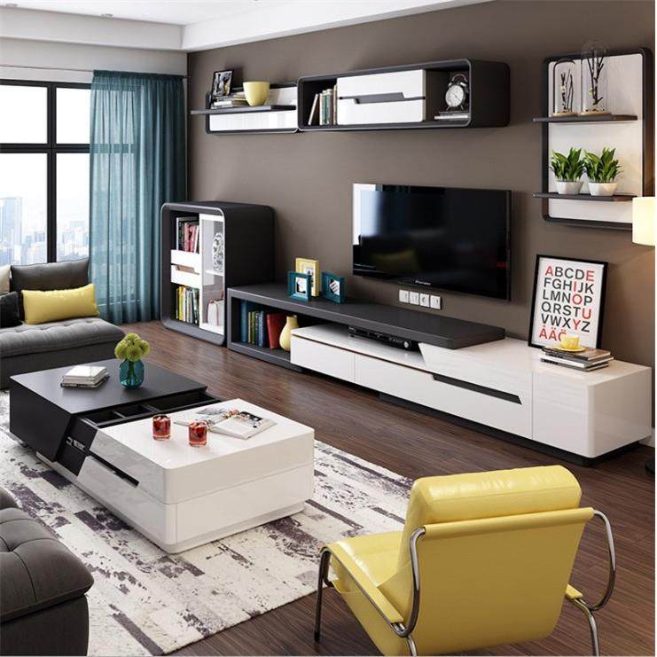 现代时尚多功能钢琴烤漆茶几电视柜小户型带抽屉伸缩茶几地柜组合