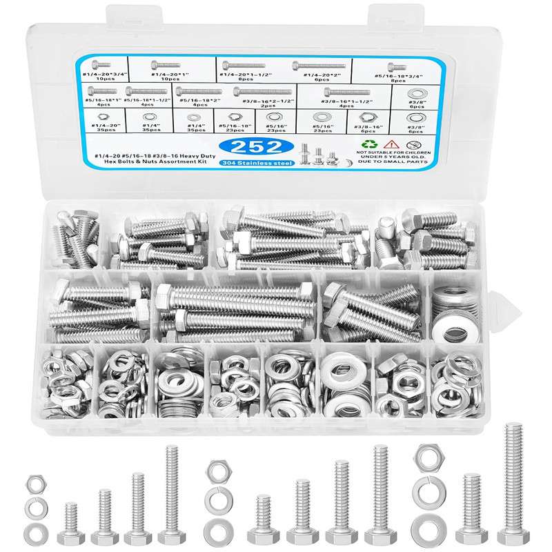 跨境 252pcs 英美制304不锈钢高强度外六角螺丝螺栓螺母垫片盒装